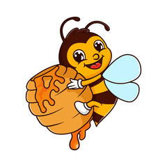 Vector cartoon of a cute bee hugging a hive full of honey