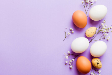 Happy Easter composition. Easter eggs on colored table with gypsophila. Natural dyed colorful eggs...