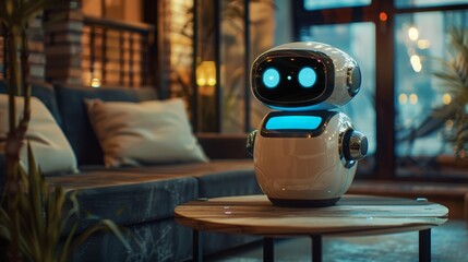 A cute, expressive robot sits on a table in a cozy room with warm lighting