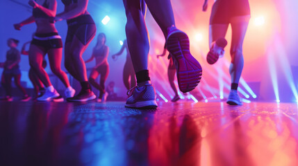 Energetic Dance Class at Modern Fitness Studio with Vibrant Lights