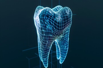 Low-Poly 3D Wireframe Tooth: A Monochromatic Digital Hologram - obrazy, fototapety, plakaty