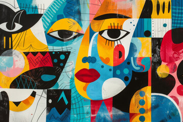 Vibrant Abstract Art Mural with Cubist Influence and Bold Patterns