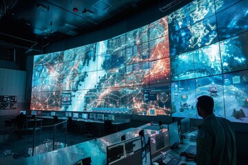 In a command center, an operator oversees a multitude of screens showing advanced AI-driven global data analytics