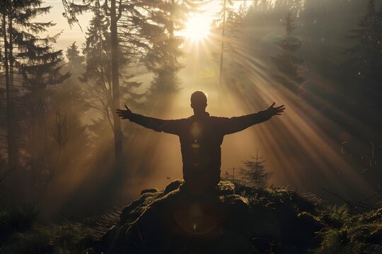 Man Embracing Sun's Rays Amid Foggy Forest: A Picture of Joy and Freedom