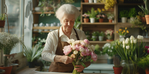 Florist working in flower shop. Elderly woman is arranging bouquet of flowers in shop.