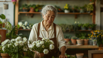 Senior asian woman making bouquet of flowers. Florist working in flower shop, local business.