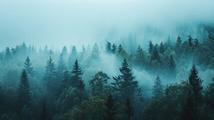 Misty Forest Canopy at Dawn: A Tranquil Nature Scene