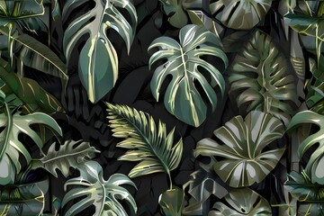 tropical leaves in the form of vines on a textured background, in green-gray tones, photo wallpaper Generative AI 