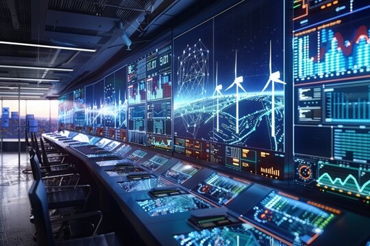 An AI control room with screens displaying data analytics and energy grids - Powered by Adobe