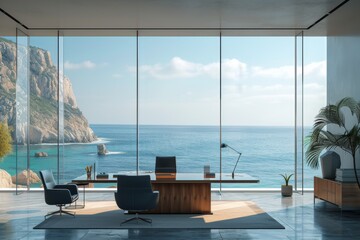 Obraz premium An office scene where sleek glass windows frame a panoramic seaside view