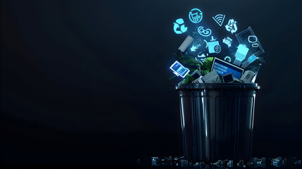 A semi - opaque recycling bin filled with electronic waste, overlaid with glowing eco - tech icons, against a deep black background.