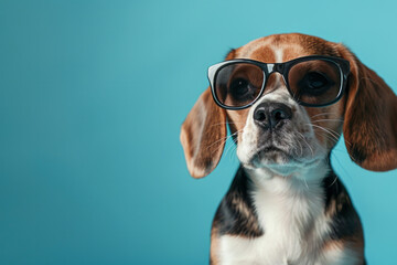 dog wearing sunglasses and a pink background. dog is wearing glasses and looking at the camera. Creative animal concept. Beagle dog puppy isolated on solid pastel background, commercial, editorial adv - obrazy, fototapety, plakaty