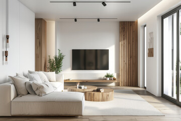 Naklejka na ściany i meble Modern Minimalist Living Room with Natural Light and Wooden Accents