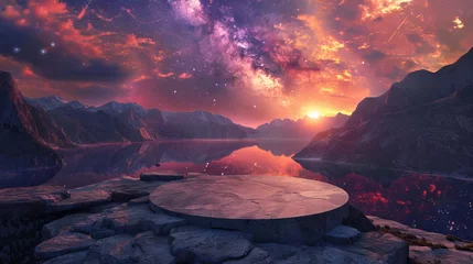 Cercles muraux Aubergine Advertisement featuring a striking podium photo of a sunset over mountains, with a sky filled with galaxies