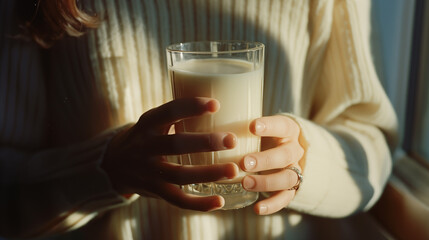 Close up frame of young woman's hands with cup of milk. Almond drink on a light background. classic cow's milk alternative milk, plant, bio eco drinks, vegan