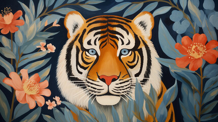 Illustration d'un tigre, dans un style artistique, entouré de feuilles, de végétations et de fleurs. Fond bleu. Pour conception et création graphique.