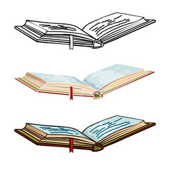 Set of open books with red covers