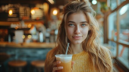 Indoor shot of beautiful young woman drinking milk cocktail, looking directly at camera, hold cup with fresh baverage in her hand, enjoying sweet taste of drinking, wearing casual shirt. - Powered by Adobe