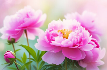 Fototapeta premium Illustration of blooming peonies peonies on a spring morning.