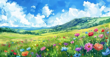 Watercolor Painting of a Field of Flowers with a Blue Sky - obrazy, fototapety, plakaty