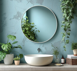 salle de bain cosy, et très nature, mur bleu, évier ou lavabo en pierre, avec un miroir rond reflétant les nombreuses plantes vertes présentes dans la pièce. Produits de beauté ou hygiène, serviettes  - obrazy, fototapety, plakaty