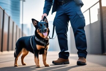 A male dog handler with a dog. Professional holiday Day of Dog Training Units concept. - obrazy, fototapety, plakaty