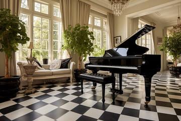 Country house with black piano in room with checkerboard floor
