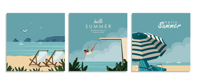 Set of Hello Summer banners, social media banners, square cards
