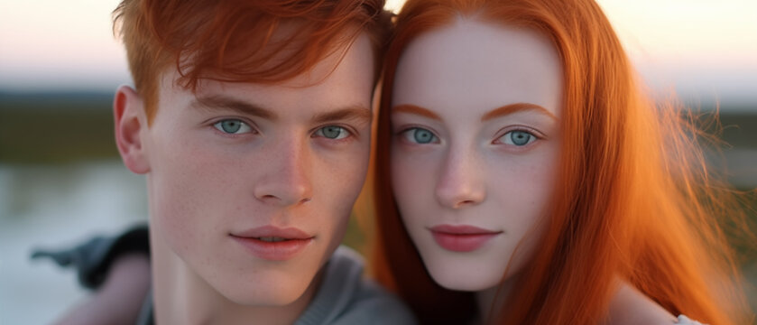 portrait of lovely caucasian redhead couple isolated over background young serious man and smiling woman stand together red haired girl leans on boyfriend and look at camera portrait freckles redheads