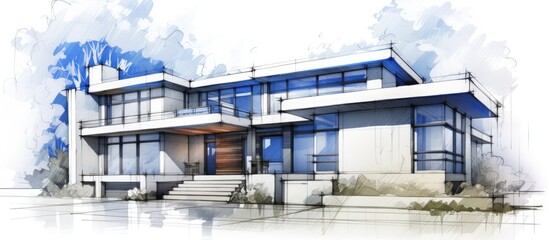 Modern architectural concept sketch of a house building exterior. Architecture abstract in blueprint or wire-frame style.