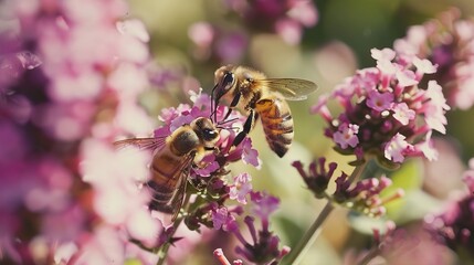 Fototapeta premium A bee gathering nectar on a blooming flower in a lush garden