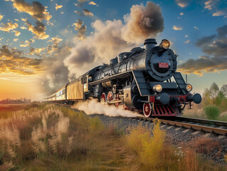 Fototapeta na wymiar Vintage Train Journey at Sunset