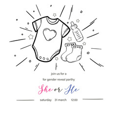hand draw Gender reveal party invitation template. Baby shower, boy or girl. Vector card, cover with Doodle elements