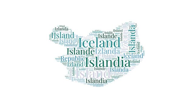 Iceland shape word cloud animation. Country boundary filled with country names animated. Iceland presentation video.
