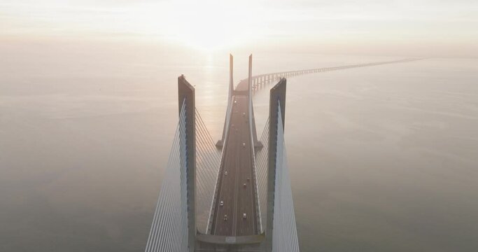 Aerial view of Vasco da Gama bridge crossing the Tagus river in Lisbon, Portugal.