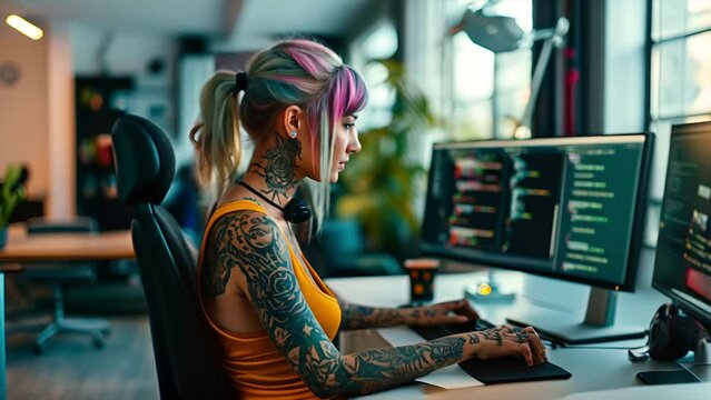 Tattoo covered young woman working as a computer programmer in her office