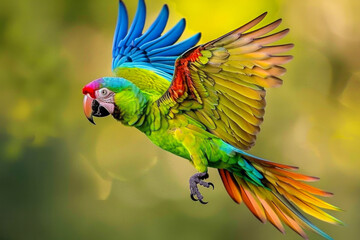 Obraz premium brightly colored parrot in mid-flight. plumage is green, with a vivid blue and hints of yellow. The parrot is captured with its wings showcasing the grace and agility of its flight.