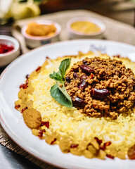 Rice and Meat on White Plate