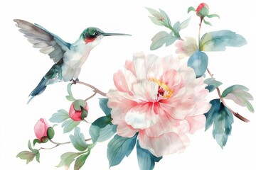 Obraz premium Watercolor-style illustration of a peony with a hummingbird, isolated with no background.