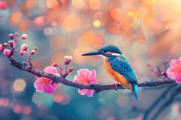 Vivid Kingfisher Resting Among Autumn Berries - Generative AI