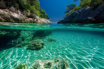 /imagine A hidden cove in Croatia, where the water is so clear you can see straight to the sandy bottom, with vibrant coral reefs just offshore.
