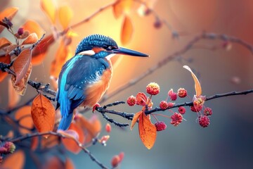 Vivid Kingfisher Resting Among Autumn Berries - Generative AI