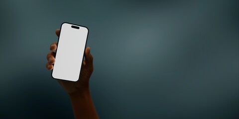 Black African-American hand displays a modern smartphone with a blank screen  - 758736724