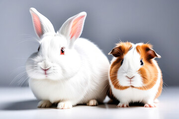 Obraz premium rabbit and guinea pig on a white background, space for text. Animal food advertising concept.