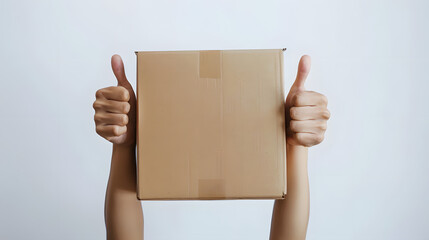 person handing thumbs up over packing box, on a white background,