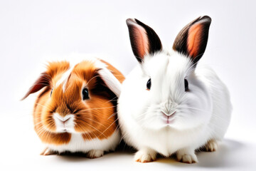 Obraz premium rabbit and guinea pig on a white background, space for text. Animal food advertising concept.