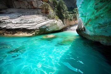 /imagine A hidden cove in Italy, nestled between towering cliffs and accessible only by a narrow opening in the rock, where the water is a stunning shade of turquoise.