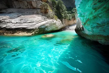 Papier Peint photo Lavable Turquoise /imagine A hidden cove in Italy, nestled between towering cliffs and accessible only by a narrow opening in the rock, where the water is a stunning shade of turquoise.