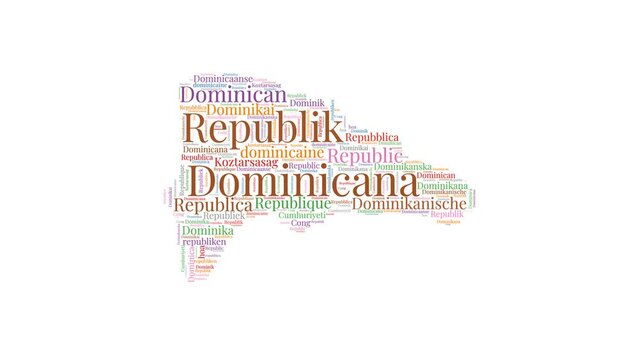 Dominicana shape word cloud animation. Country boundary filled with country names animated. Dominicana presentation video.