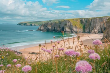 /imagine A picturesque beach in Ireland, framed by dramatic sea cliffs and rolling green hills. Wildflowers carpet the dunes, adding a splash of color to the rugged landscape. - Powered by Adobe